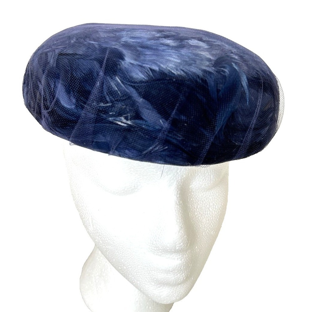 MCM 1950's Feather Pillbox Hat Blue Netting Joli Made in Tokyo, Japan VGUC